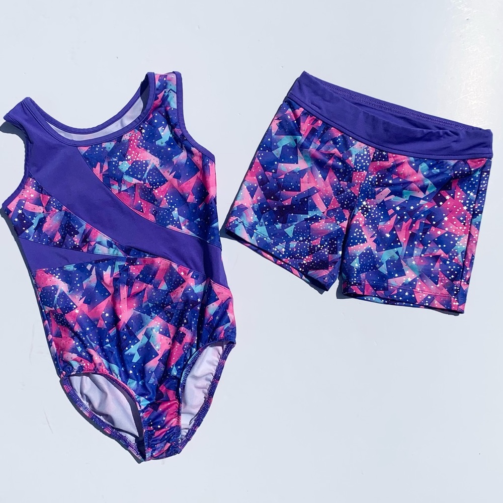 Danskin Now Girls Leotard & Shorts Set sz S 6/6x Purple Stars Gymnastics